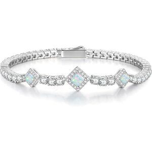 Birthstone 4mm Sterling Silver Tennis Square Gemstone Bracelet - 10-Opal